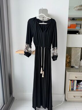 Lorena Antoniazzi Black Maxi Dress with Embroidered Cuffs and Drawstring